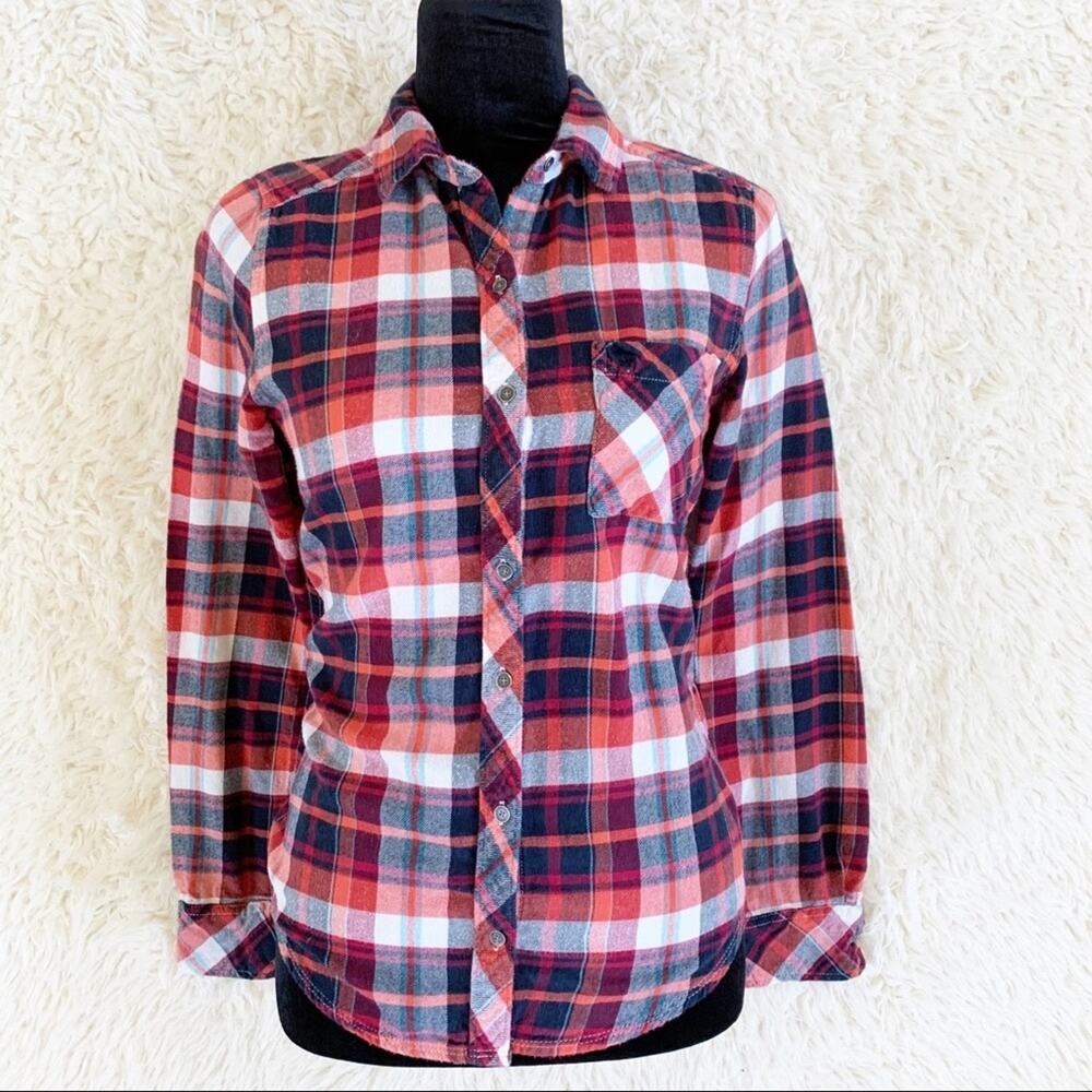 ABERCROMBIE & FITCH Orange Blue Plaid Flannel Button Down Top Small